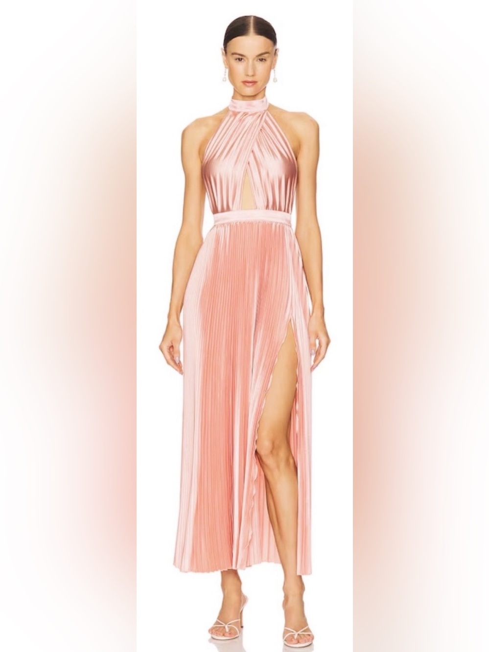 NWT L'IDÉE Woman Halter Neck Renaissance Split Plissé Gown Soft Pink ZB8
